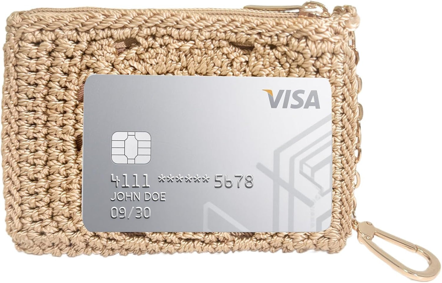 Eiyye Card Holder Wallet Handmade Crochet Small Wallet with Zipper Credit Card Holder for Coin Cards & Driver's License (Khaki)