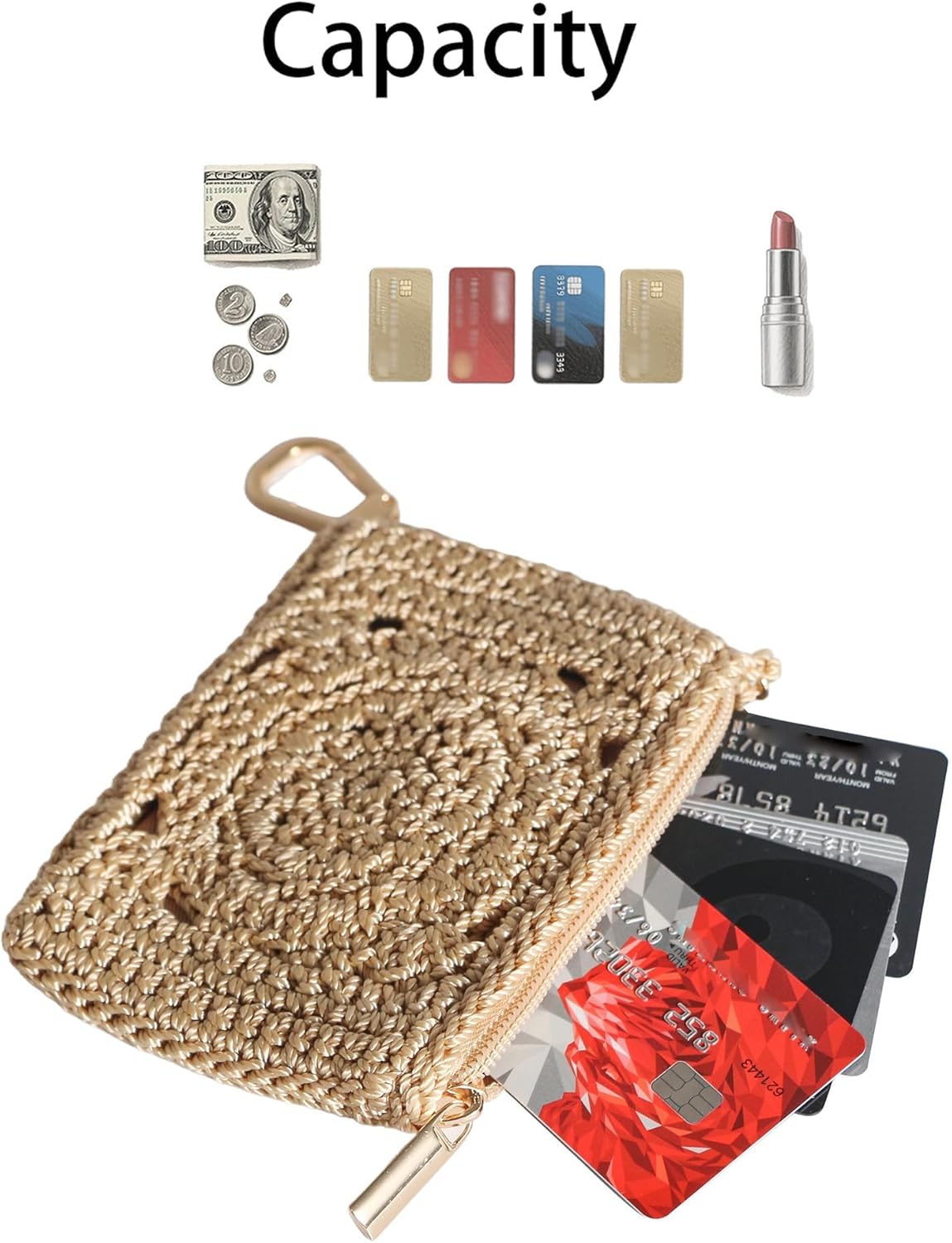 Eiyye Card Holder Wallet Handmade Crochet Small Wallet with Zipper Credit Card Holder for Coin Cards & Driver's License (Khaki)