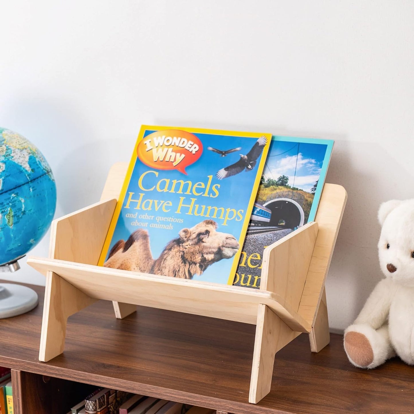 Eiyye Tabletop Bookshelf Small Desktop Bookcase Organizer, Solid Pine Book Caddy with V-Shape Design, Tool-Free Assembly Book Rack for Office, Bedroom, Dorm, Natural Finish