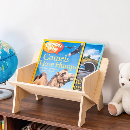 Eiyye Tabletop Bookshelf Small Desktop Bookcase Organizer, Solid Pine Book Caddy with V-Shape Design, Tool-Free Assembly Book Rack for Office, Bedroom, Dorm, Natural Finish