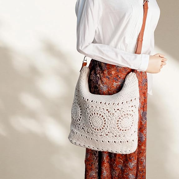 Eiyye Boho Crochet Shoulder Bag with Purse Organizer Insert Handwoven Cotton Crossbody Bag with Inner Storage Insert, Adjustable Strap, Ideal for Travel and Daily Use