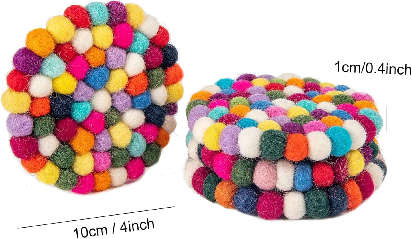 Eiyye Felt Coasters 4-Pack Round Pads Handmade 100% Wool Colorful Coasters for Wooden Tables,Boho Desk & Room Decor,Non-Slip Coaster Pads