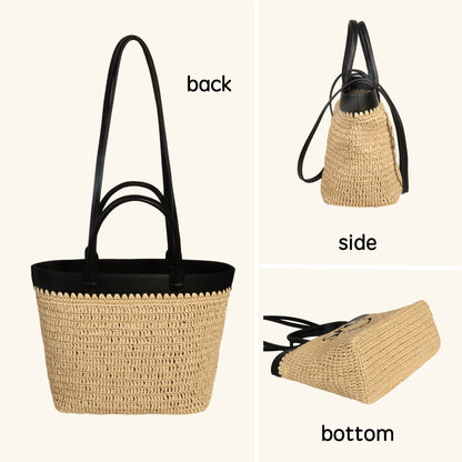 Eiyye Straw Tote Bag for Women – Handwoven Beach Bag with Smile Embroidery