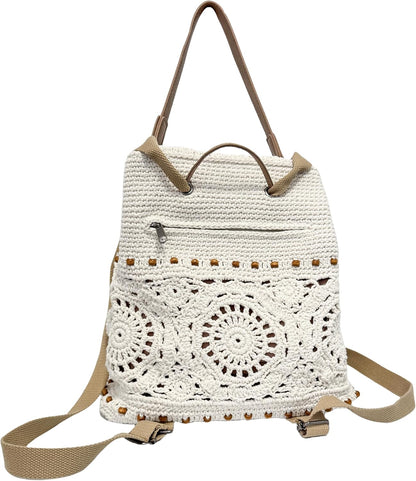 Eiyye Boho Crochet Backpack – Handmade Cotton Rope Rucksack with Drawstring & Flap (Adjustable Straps)