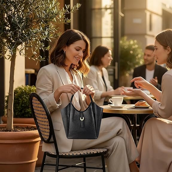 Lifestyle—leather bucket bag styled with a blazer