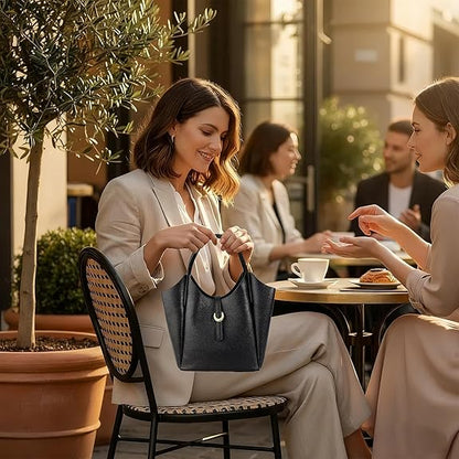 Lifestyle—leather bucket bag styled with a blazer