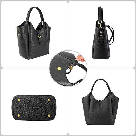 Close-up of natural grain cowhide and gold-tone hardware