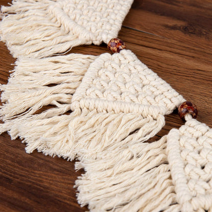 Eiyye Boho Macrame Tassel Garland, 7-Flag Handmade Cotton Wall Hanging (Beige)