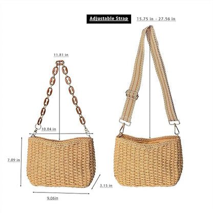Eiyye Hobo Bag Women’s Straw Crossbody Bag Handmade Small Woven Summer Beach Handbag with Chain for Travel, Shopping, Camping, Beach Vacations