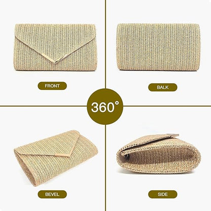 Eiyye Straw Clutch for Women Woven Rattan Evening Purse with Chain Strap Boho Clutch Handbag for Wedding Party Vacation