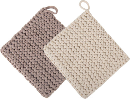 Eiyye Thick Crocheted Pot Holders, Handmade Hot Pads Crocheted Trivets for Kitchen hot Dishes(2-Pack), 8"x8" (White and Taupe)