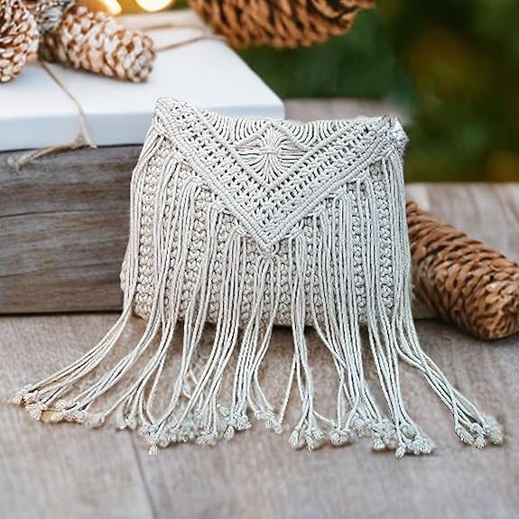 Eiyye Crochet Crossbody Bag for Women Handmade Macrame Fringe Shoulder Purse Boho Purse Fall Festival & Travel Bag Lightweight Tassel Tote Handbag