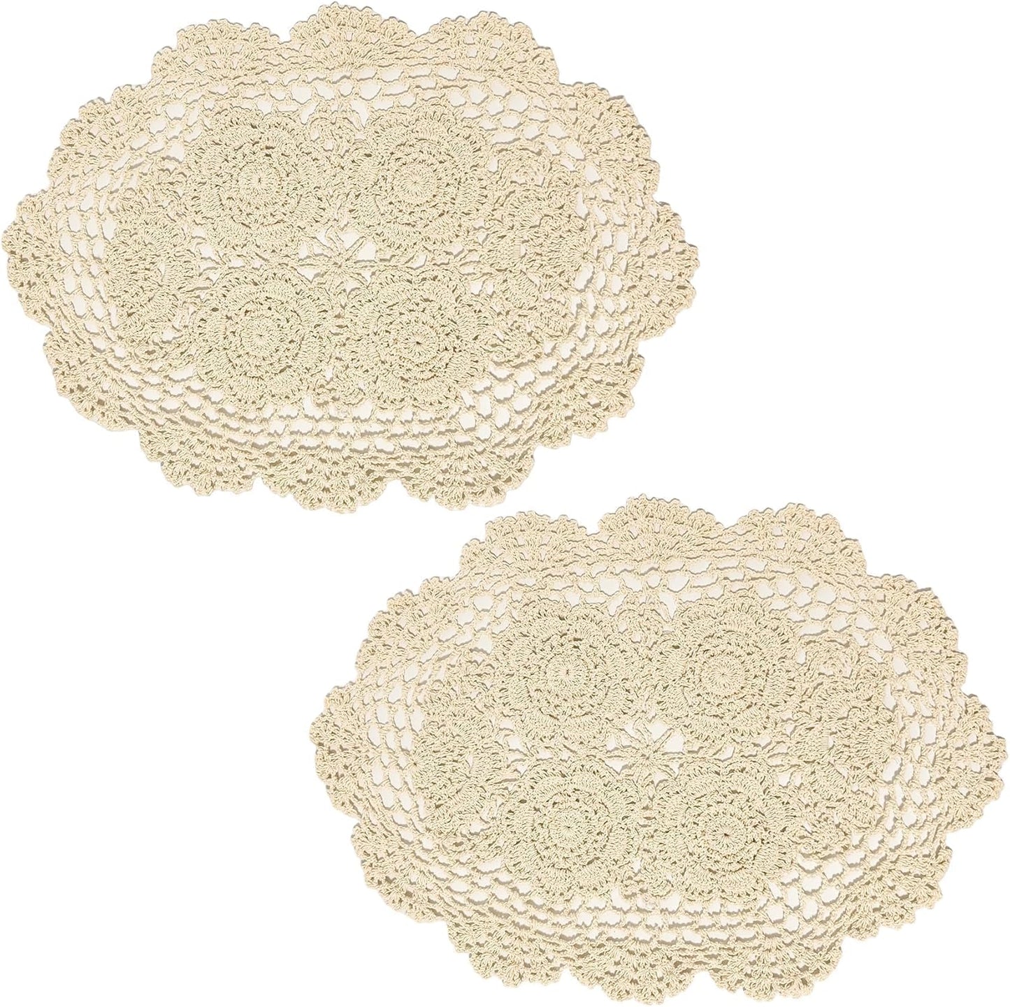 Eiyye 2-Pieces Handmade Cotton Crochet Doilies Oval Lace Table Placemats 12 x17inch, Beige