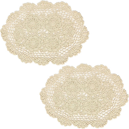 Eiyye 2-Pieces Handmade Cotton Crochet Doilies Oval Lace Table Placemats 12 x17inch, Beige