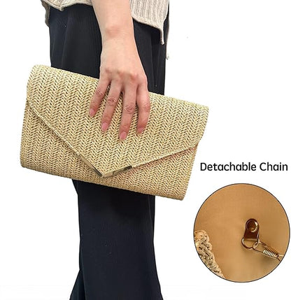 Eiyye Straw Clutch for Women Woven Rattan Evening Purse with Chain Strap Boho Clutch Handbag for Wedding Party Vacation