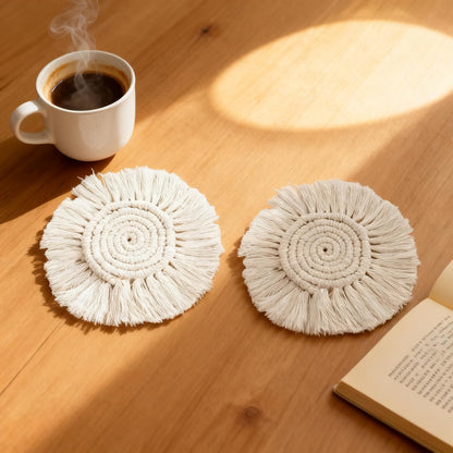 Eiyye Thick Coaster Boho Coasters Round Tassel Placemats Cotton Rope Place mat Handmade Hot Dishes for Mugs Cups Candle Cups