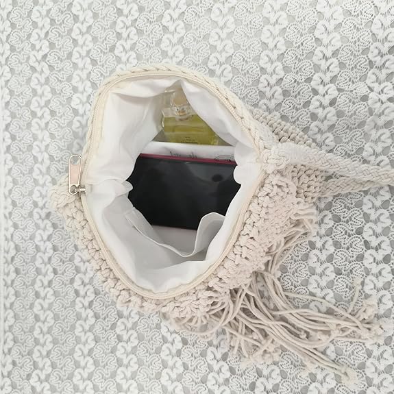 Eiyye Crochet Crossbody Bag for Women Handmade Macrame Fringe Shoulder Purse Boho Purse Fall Festival & Travel Bag Lightweight Tassel Tote Handbag