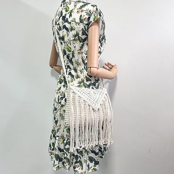 Eiyye Crochet Crossbody Bag for Women Handmade Macrame Fringe Shoulder Purse Boho Purse Fall Festival & Travel Bag Lightweight Tassel Tote Handbag