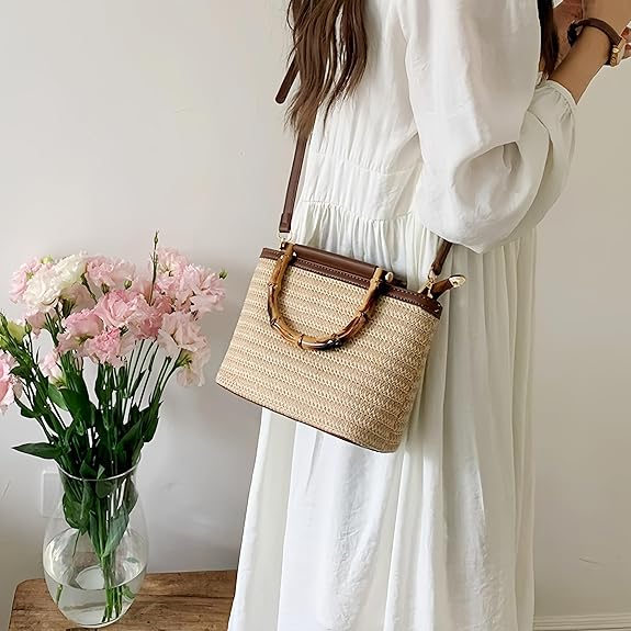 Boho woven purse styled with summer dress, over-shoulder