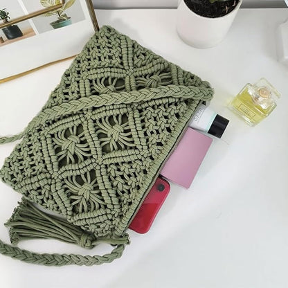 Eiyye Handmade Crochet Crossbody Bag – Cotton Rope Boho Purse with Zipper (10" × 8")