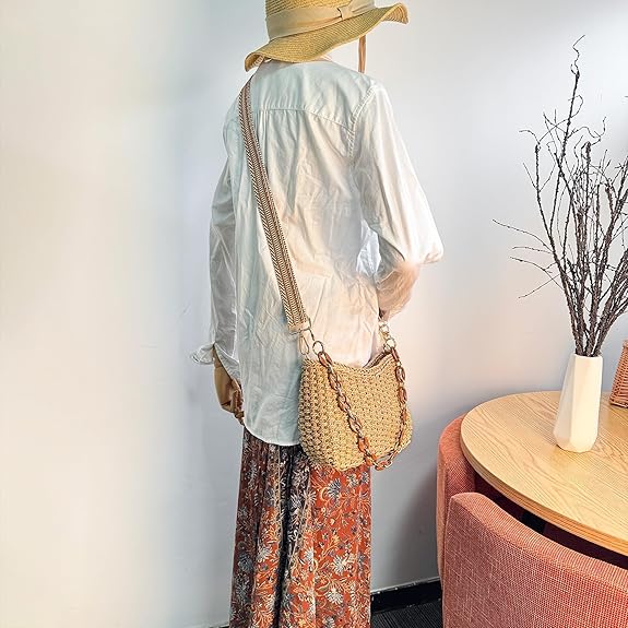 Eiyye Hobo Bag Women’s Straw Crossbody Bag Handmade Small Woven Summer Beach Handbag with Chain for Travel, Shopping, Camping, Beach Vacations