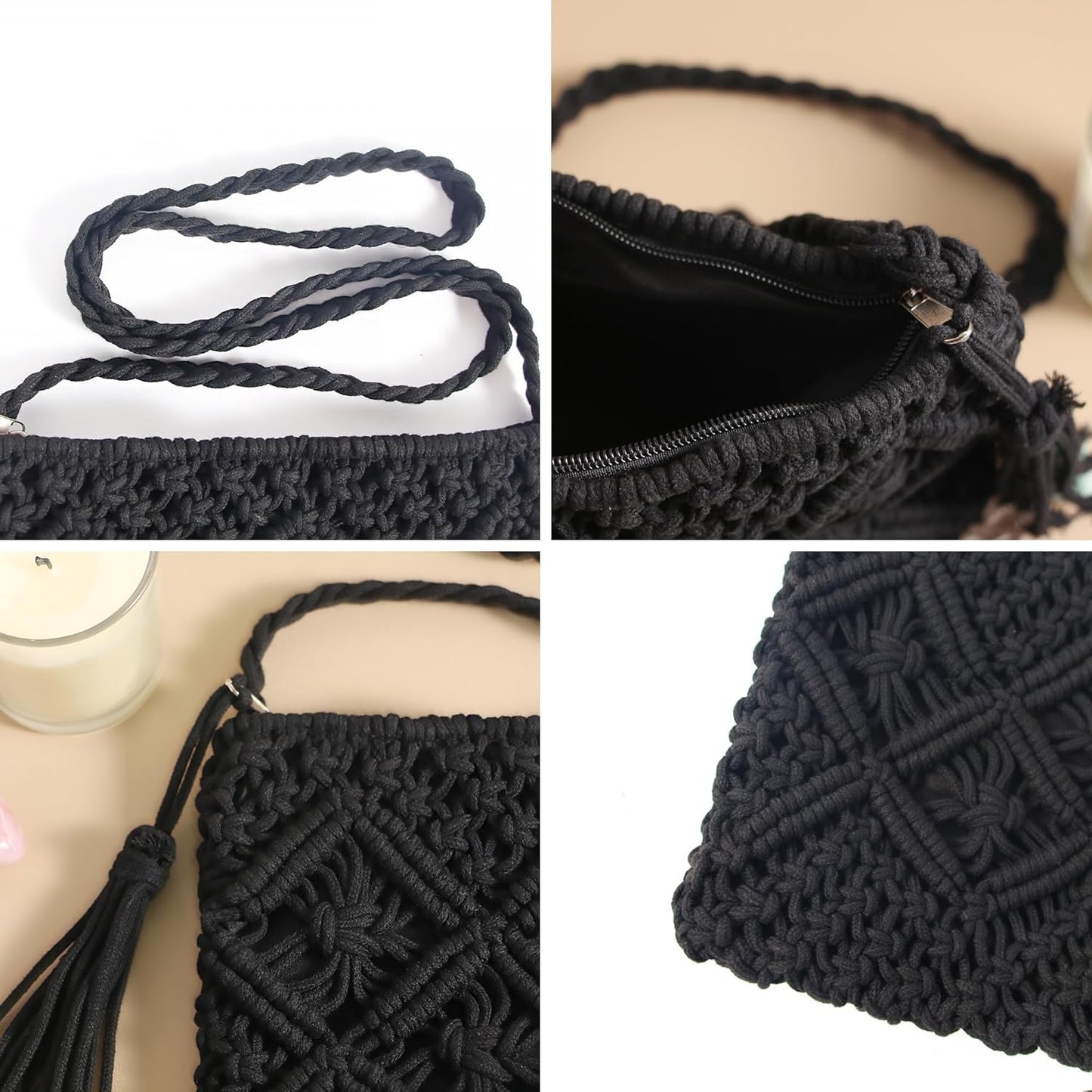 Eiyye Handmade Crochet Crossbody Bag – Cotton Rope Boho Purse with Zipper (10" × 8")