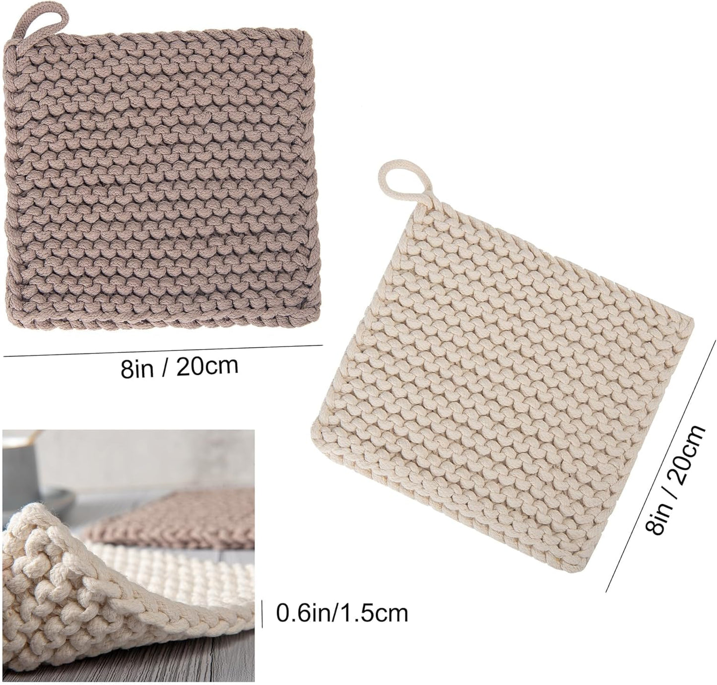 Eiyye Thick Crocheted Pot Holders, Handmade Hot Pads Crocheted Trivets for Kitchen hot Dishes(2-Pack), 8"x8" (White and Taupe)