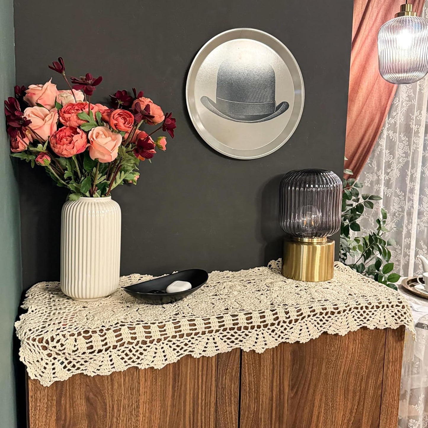 Eiyye Cotton Crochet Table Runner and Oval Placemat Set Beige Lace Doily Style, Table Cover Mat for Dining Table Dresser Farmhouse Décor