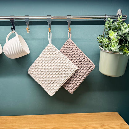 Eiyye Thick Crocheted Pot Holders, Handmade Hot Pads Crocheted Trivets for Kitchen hot Dishes(2-Pack), 8"x8" (White and Taupe)