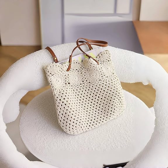 Eiyye Crochet Tote Bag Handwoven Cotton Beach Shoulder Bag with Linen Lining Hobo Summer Vacation Purse for Women