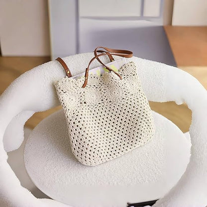 Eiyye Crochet Tote Bag Handwoven Cotton Beach Shoulder Bag with Linen Lining Hobo Summer Vacation Purse for Women