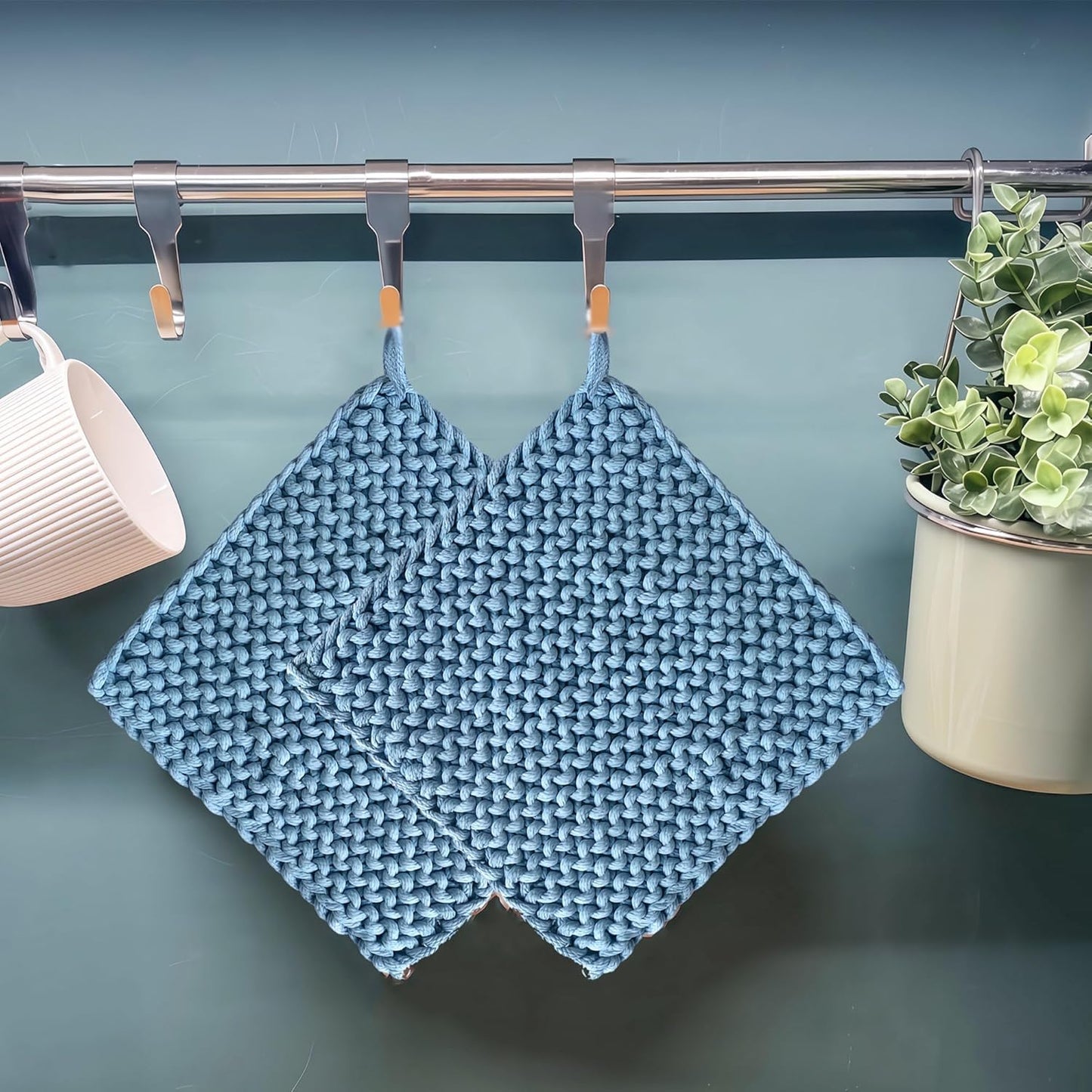 Eiyye Thick Crocheted Pot Holders, Handmade Hot Pads Crocheted Trivets for Kitchen hot Dishes(2-Pack), 8"x8" (White and Taupe)