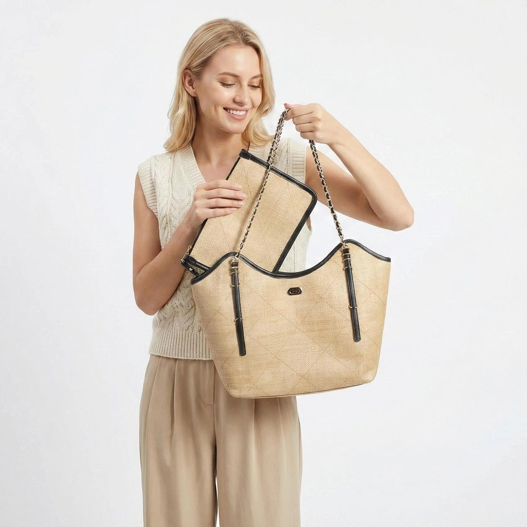 Removable zipper pouch inside large woven tote bag