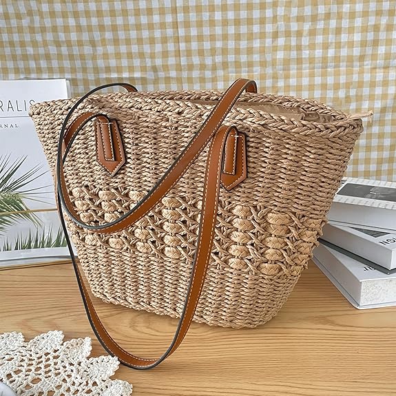 Eiyye Straw Tote Bag for Women Handwoven Summer Purse Hobo Shoulder Bag with Zipper Lightweight Straw Handbag for Beach Vacation Daily Use