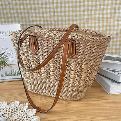 Eiyye Straw Tote Bag for Women Handwoven Summer Purse Hobo Shoulder Bag with Zipper Lightweight Straw Handbag for Beach Vacation Daily Use