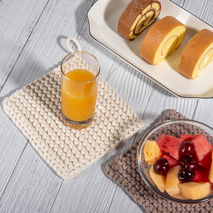 Eiyye Thick Crocheted Pot Holders, Handmade Hot Pads Crocheted Trivets for Kitchen hot Dishes(2-Pack), 8"x8" (White and Taupe)