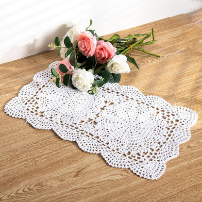 Eiyye Handmade Rectangle Doilies, 2-Piece Handmade Crochet Cotton Doilies Lace Table Crochet Placemats Coaster 10.6x16.9 inch (Beige)