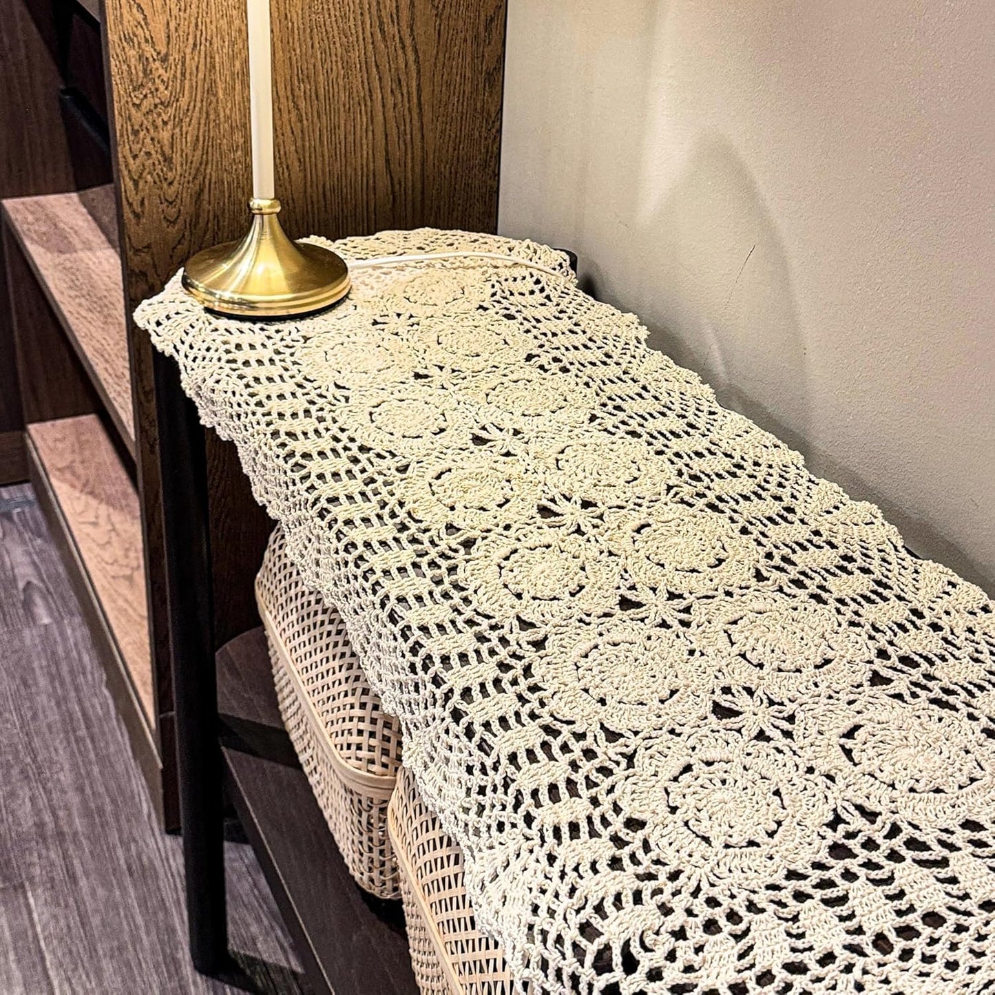 Eiyye Cotton Crochet Table Runner and Oval Placemat Set Beige Lace Doily Style, Table Cover Mat for Dining Table Dresser Farmhouse Décor