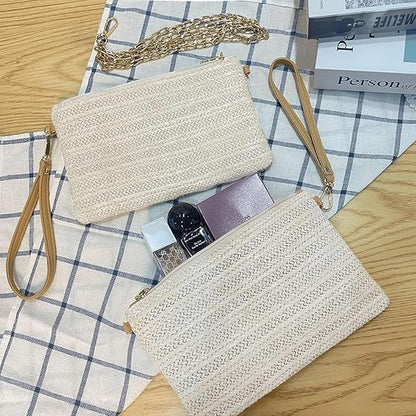 Eiyye Straw Clutch Purse Womens Handbag Boho Summer Beach Purse Wristlet Wallets with Zipper Chains