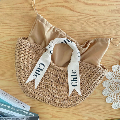 Eiyye Handmade Straw Tote Bag (Off-White) – Paper Rope Woven Large Handbag with Drawstring, Lined