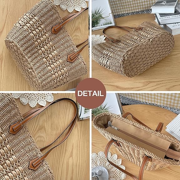 Eiyye Straw Tote Bag for Women Handwoven Summer Purse Hobo Shoulder Bag with Zipper Lightweight Straw Handbag for Beach Vacation Daily Use