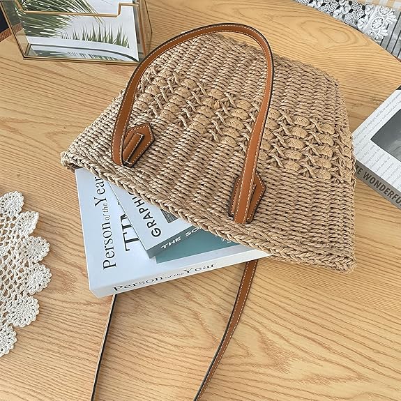 Eiyye Straw Tote Bag for Women Handwoven Summer Purse Hobo Shoulder Bag with Zipper Lightweight Straw Handbag for Beach Vacation Daily Use