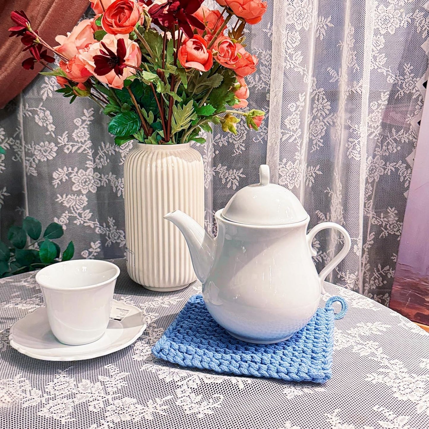 Eiyye Thick Crocheted Pot Holders, Handmade Hot Pads Crocheted Trivets for Kitchen hot Dishes(2-Pack), 8"x8" (White and Taupe)