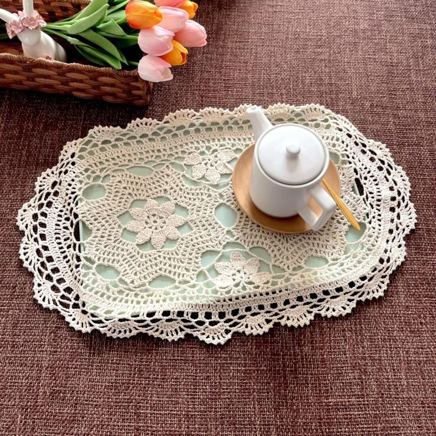 Eiyye Handmade Crochet Lace Placemats Set of 2 Vintage Oval Cotton Doilies Boho Farmhouse Table Mats for Dining Table Decor