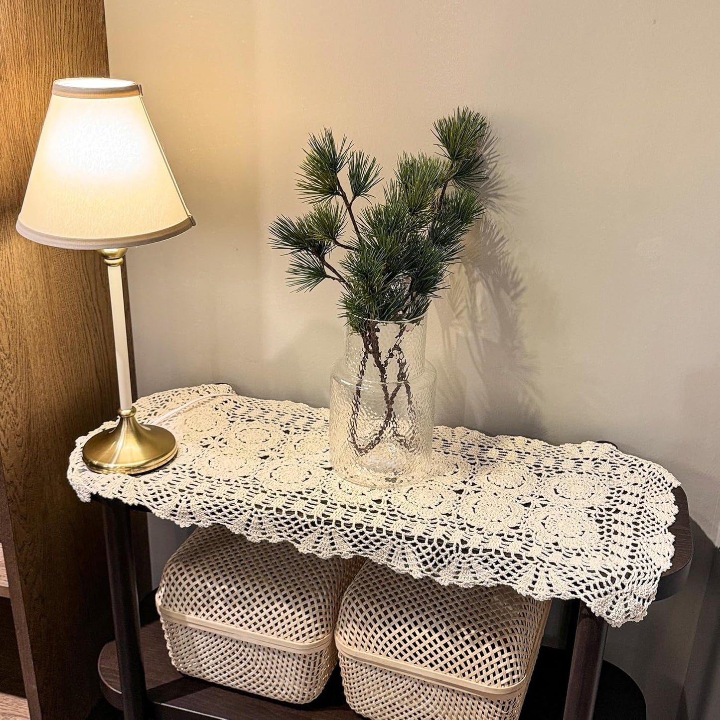 Eiyye Cotton Crochet Table Runner and Oval Placemat Set Beige Lace Doily Style, Table Cover Mat for Dining Table Dresser Farmhouse Décor