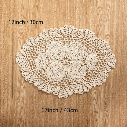 Eiyye 2-Pieces Handmade Cotton Crochet Doilies Oval Lace Table Placemats 12 x17inch, Beige