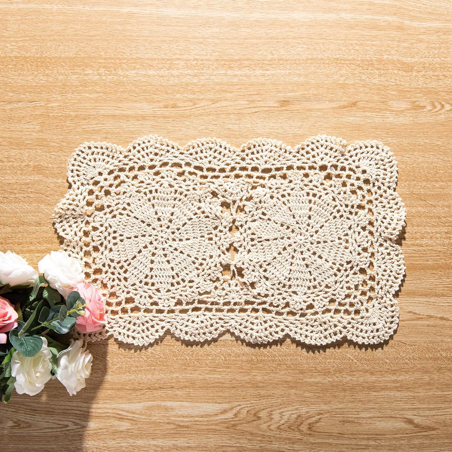 Eiyye Handmade Rectangle Doilies, 2-Piece Handmade Crochet Cotton Doilies Lace Table Crochet Placemats Coaster 10.6x16.9 inch (Beige)