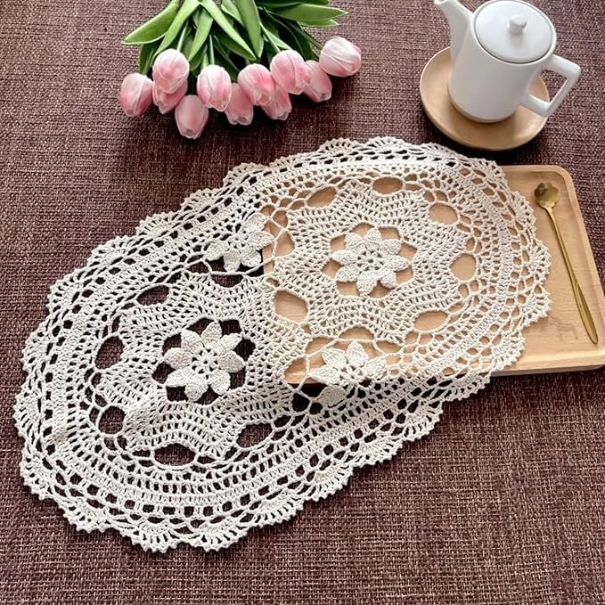 Eiyye Handmade Crochet Lace Placemats Set of 2 Vintage Oval Cotton Doilies Boho Farmhouse Table Mats for Dining Table Decor