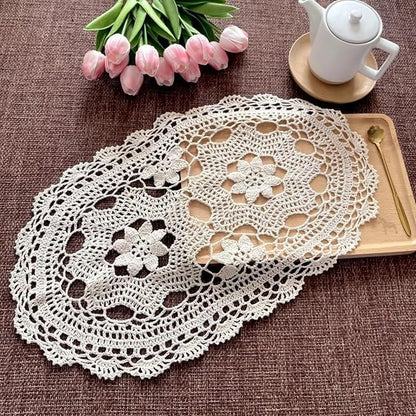 Eiyye Handmade Crochet Lace Placemats Set of 2 Vintage Oval Cotton Doilies Boho Farmhouse Table Mats for Dining Table Decor
