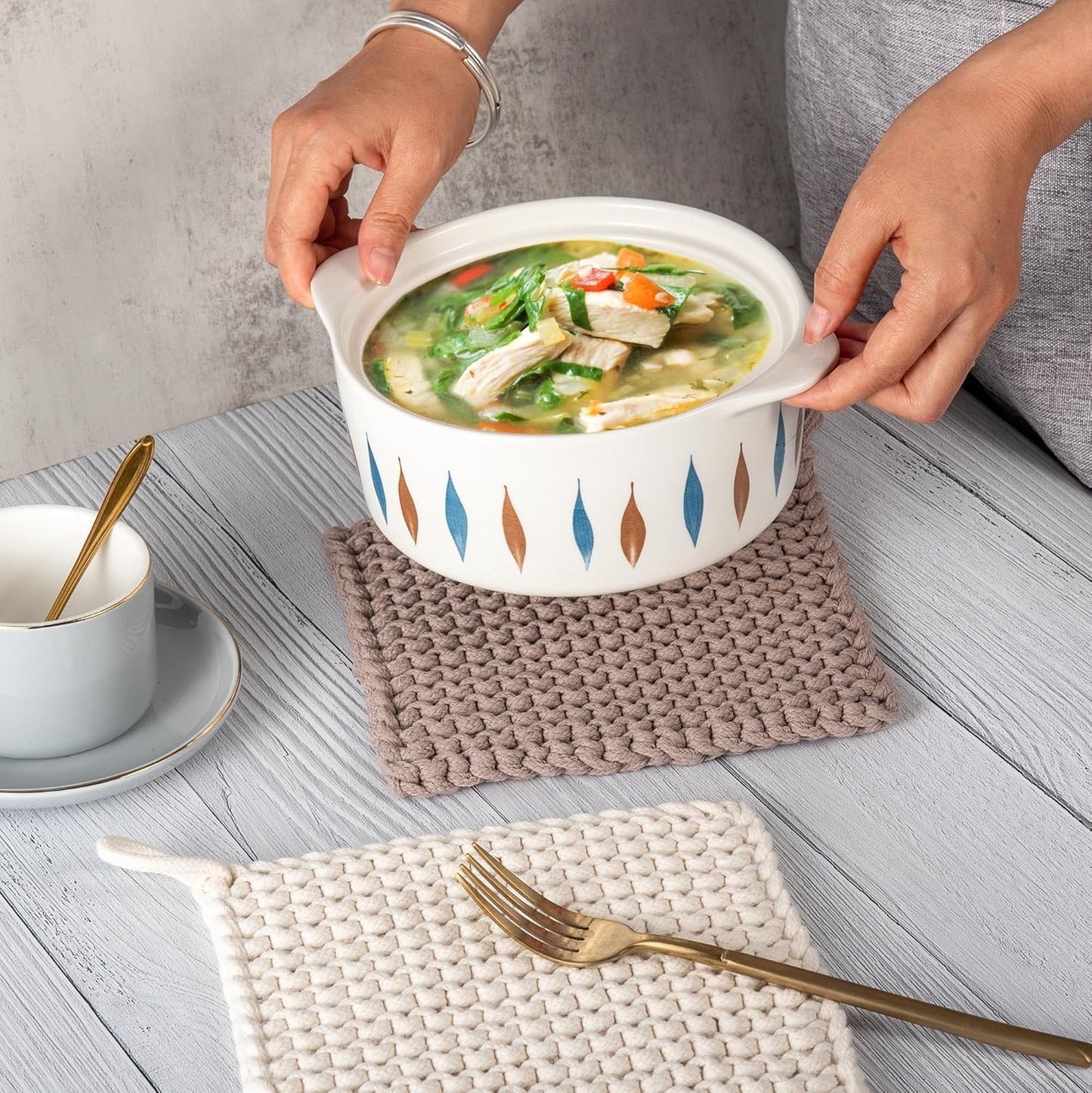 Eiyye Thick Crocheted Pot Holders, Handmade Hot Pads Crocheted Trivets for Kitchen hot Dishes(2-Pack), 8"x8" (White and Taupe)